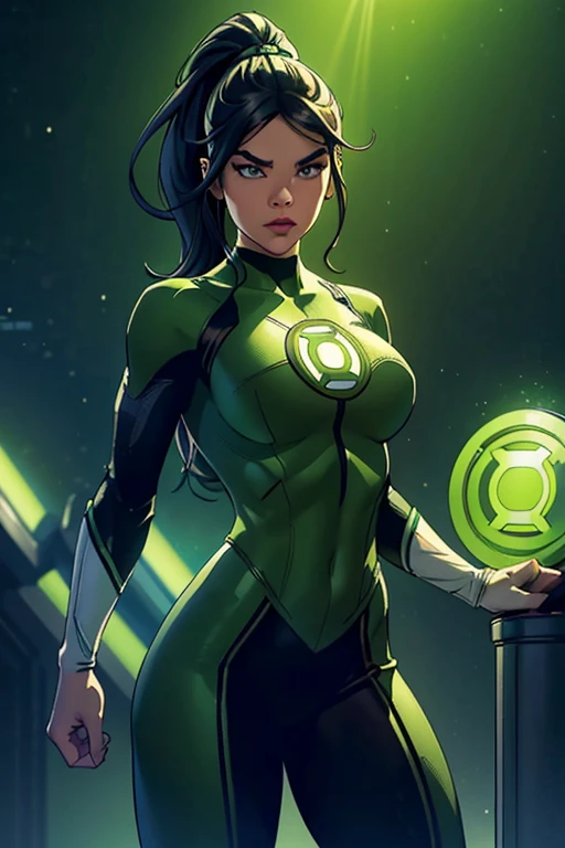 Hailee Steinfeld as green lantern, standing, green lantern costume, big boobs, round boobs, slim waist, wide hips, toned abs, thighs, navel, green lantern outfit,, , ponytail hairstyle, green eyes, long eyelashes, beautiful detailed eyes, beautiful detailed lips, beautiful detailed nose, dark grey background, dramatic lighting, cinematic composition