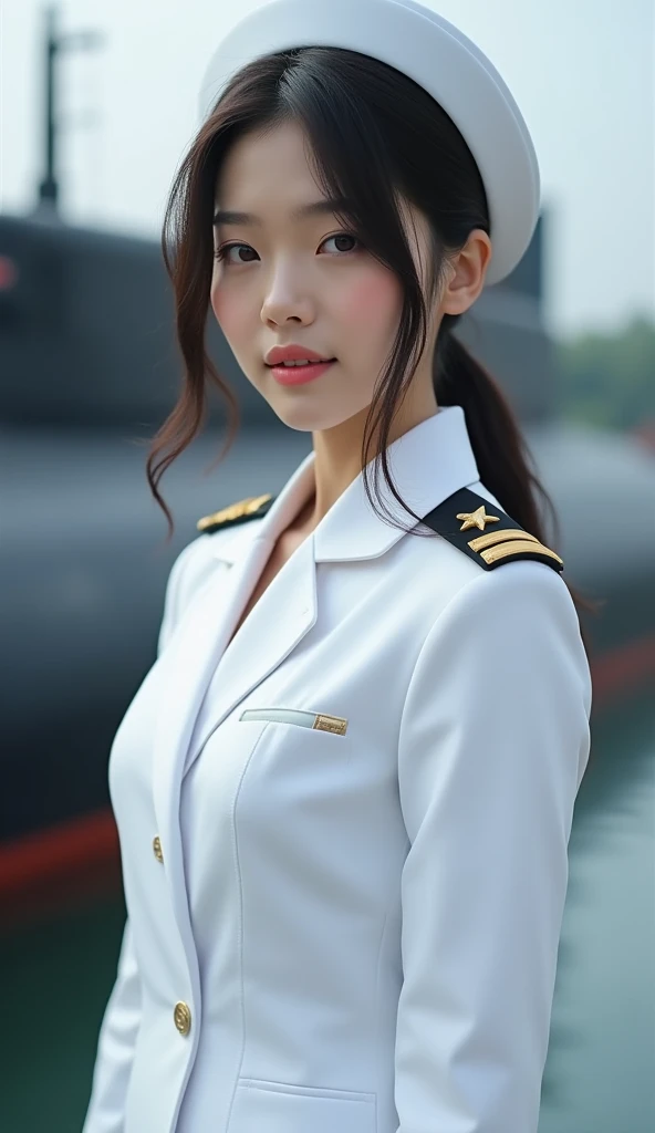 ((Best quality、masutepiece、8K、Best picture quality))、(1 photo:1.5)、(1 female naval officer:1.5)、(perfect original navy white uniform:1.3)、(uniform real navy:1.3, white color)、( real navy hat: 1.3) 、 (anatomically accurate: 1.3) 、 cowboy shot 、 biggest smile when you look at me 、 (In the background is the harbor with big ships: 1.3) 、 face like adults、Luminescence、clear
