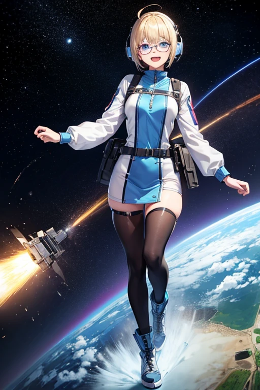 masterpiece, best quality, high quality, High definition, High quality texture, High quality shadow, high detail, Cinematic Light, sidelighting, Ray tracing, Woman, age 21, black shoulder-length short hair, black eyes, light blue military uniform, large chest, light blue pleated skirt to knee, black military boots to calf, futuristic sci-fi era background, standing in front of a fighter jet, daytime, full body, cg, HD quality