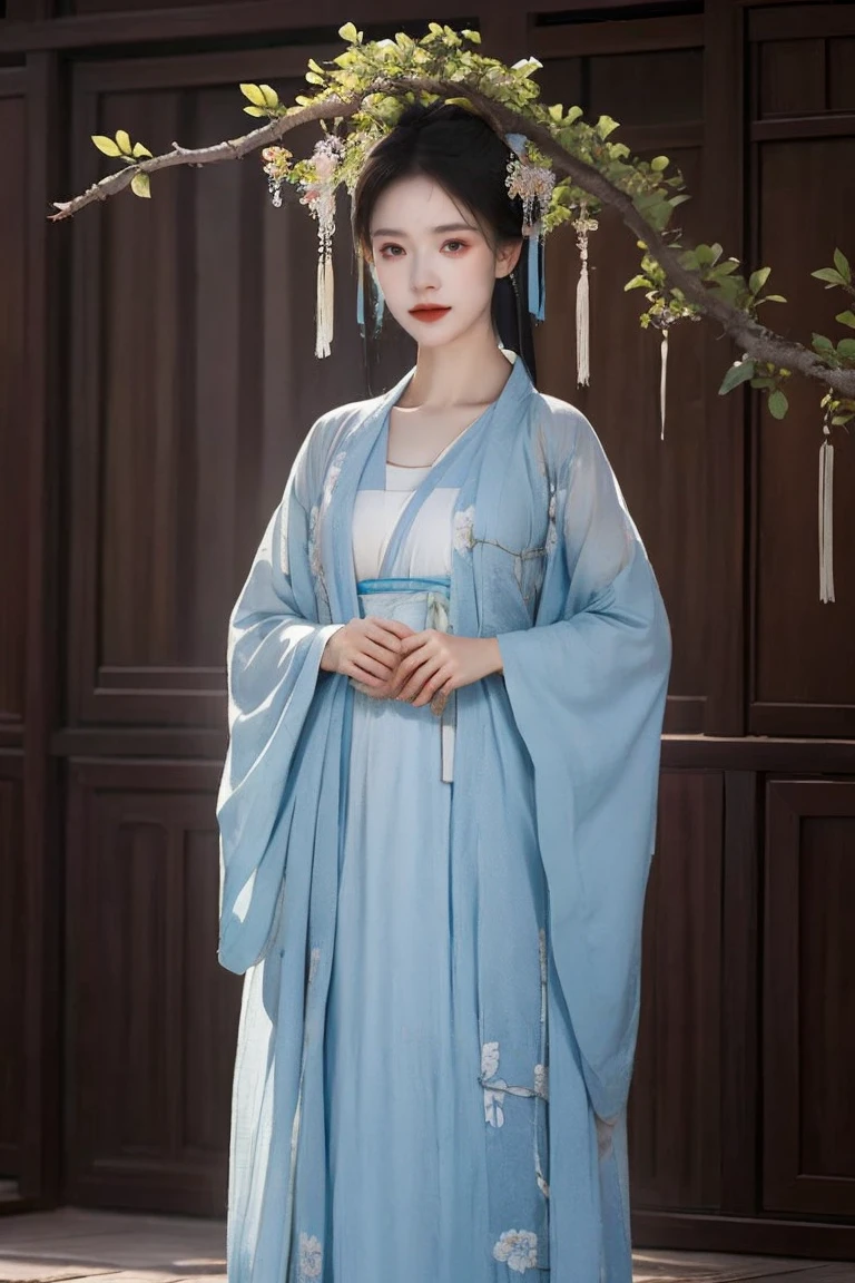 Qing Ranran ，Tree essence，plant，flower，Branches grow on the head， Ancient Chinese Costumes， Blue Clothes ，robe