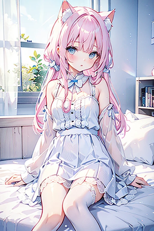  Cat Ear Girl/ hair color is : light pink hair+ Light Blue Hair ； wearing is : white lace dress and white lace miniskirt and white stockings with white panties；movement is : is sitting on the bed doing the lifting of the skirt；There are no defects in the whole body，The whole body is in the picture 