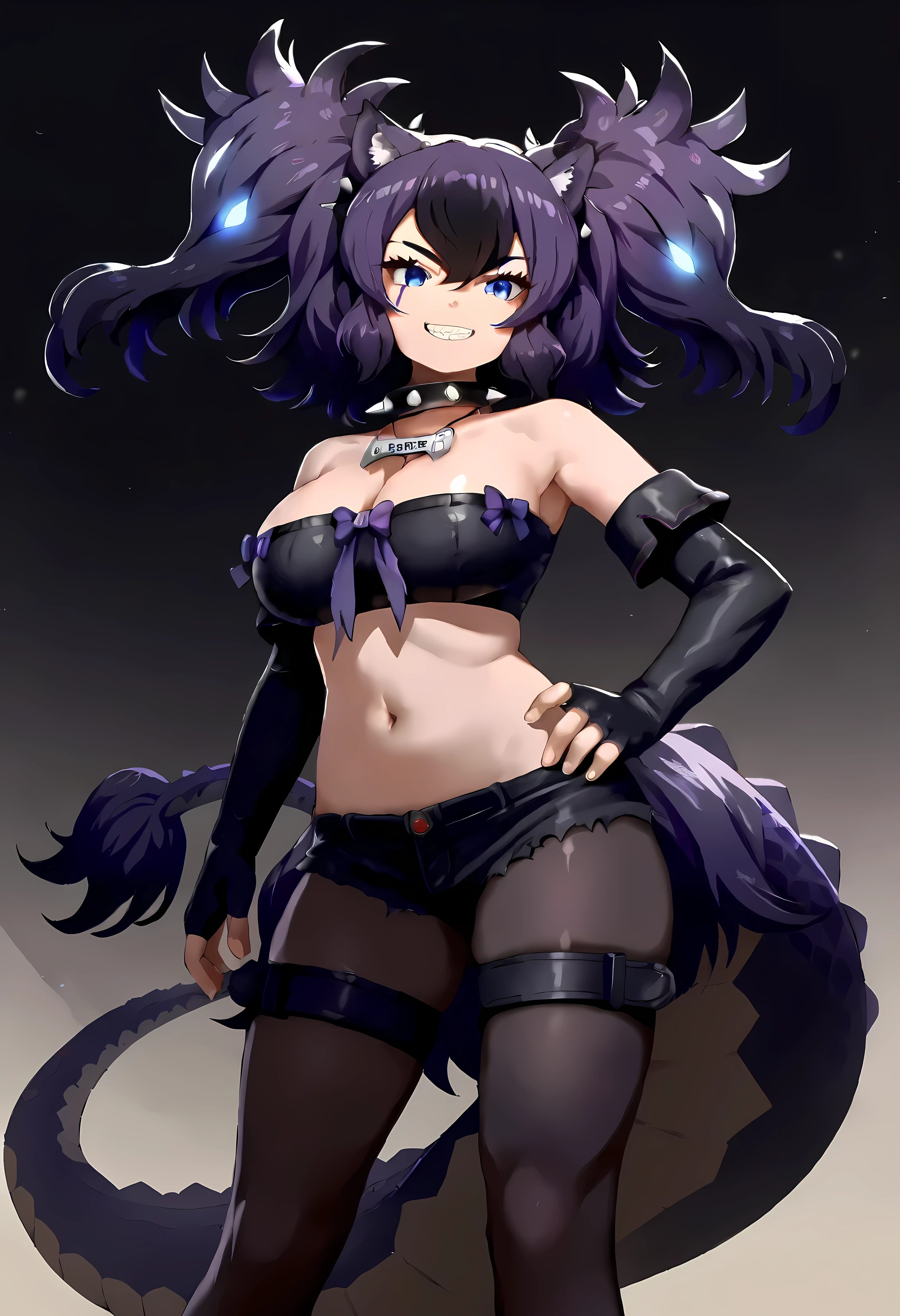 score_9, score_8_up, score_7_up, source_anime, solo, 1girl, kfc3rberus, lizard tail, scar across eye, grin, looking at you, standing, hand on own hip, two-tone hair, black hair, purple hair, glowing hair, big hair, two side up, animal ears, blue eyes, black tube top, bandeau, strapless, black gloves, elbow gloves, fingerless gloves, black shorts, short shorts, cutoffs, black pantyhose, thigh strap, spiked collar, pendant, bare shoulders, stomach, navel, cleavage, large breasts
