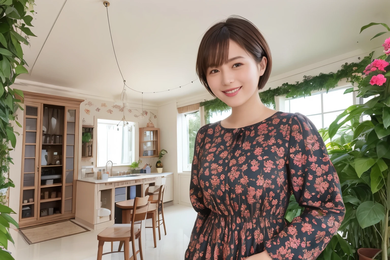 339 (20-year-old female, short hair), ( high image quality), (smile), ( Colorful Dress), ((Arietti's View of the World )), (BIG PLANTS ), (Dollhouse)