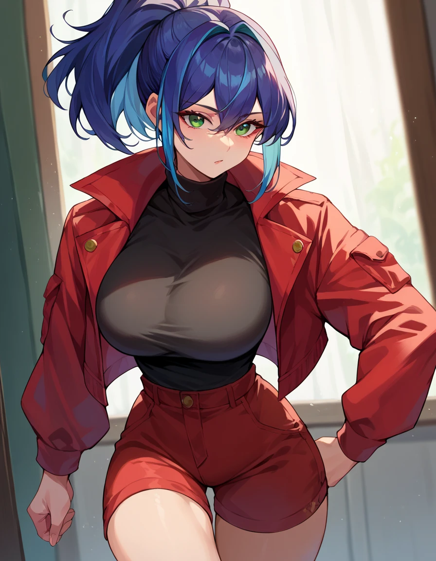 Top Quality Masterpiece High Resolution Selena Blue Hair Green Eyes Beautiful Girl Big Breasts Ponytail Red Jacket Red Shorts Black Shirt White Turtleneck