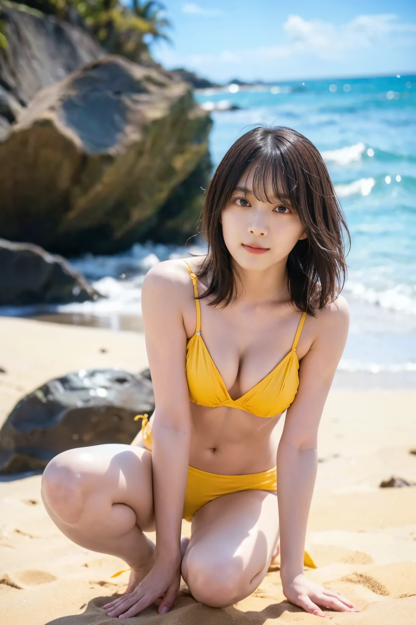 High Resolution Japanese Actress Pictures, ( realistic , photo- realistic :1.2), ( top quality , masterpiece), RAW photos , Intricate Details, extremely detailed, very detailed, very detailed, sharp concentration, (full body, shot from the front :1.4), 甜of, Alone, One girl , posing for erotic photos, sensual poses, (chrome yellow bikini top、 damage micro denim shorts, ), Big Breasts , dark haired, Dark Brown Medium Hair , ( DETAIL FACE , beautiful detailed eyes, Beautiful dark brown eyes , sophisticated nose ), ( sandy beachの上に立っている,), perfect anatomy, perfect hand, Photo Backdrop , Outdoor, sandy beach, Blue sky and clouds,