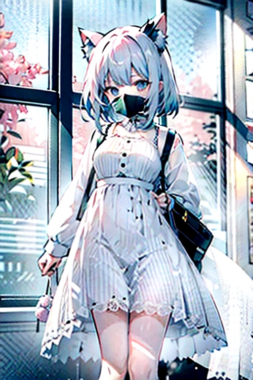  Cat Ear Girl/ hair color is : light pink hair+ Light Blue Hair ； wearing is :WHITE LACE DRESS AND WHITE LACE SKIRT AND BLACK STOCKINGS WITH WHITE PANTIES；movement is : is sitting on the bed doing the lifting of the skirt；There are no defects in the whole body，The whole body is in the picture 