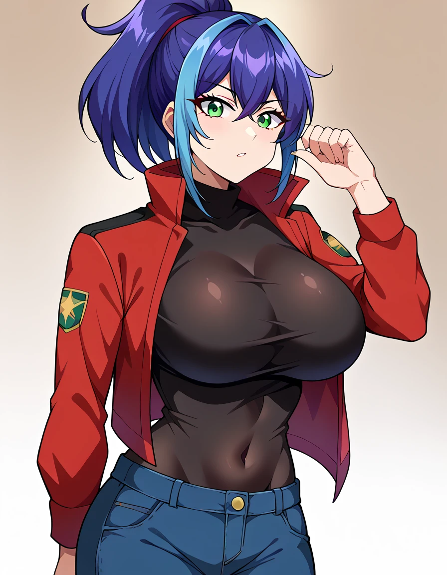 Top Quality Masterpiece High Resolution Selena Blue Hair Green Eyes Beautiful Girl Big Breasts Ponytail Red Jacket Red Hot Pants Black Shirt White Turtleneck 