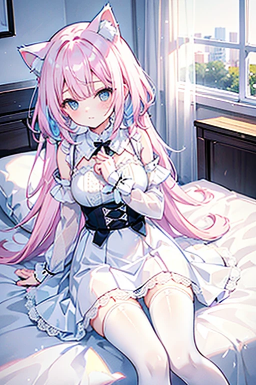  Cat Ear Girl/ hair color is : light pink hair+ Light Blue Hair ； wearing is : White lace dress and white lace miniskirt and black stockings with white panties；movement is :Make the action of flipping up the skirt in bed ；There are no defects in the whole body，The whole body is in the picture 