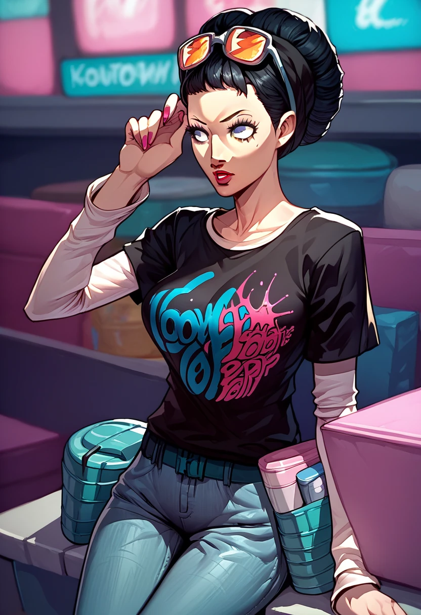 1 girl, sunglasses on head, lipstick, black t-shirt, clothes writing, layered sleeves, large breasts, jeans, Katy Perry, black hair