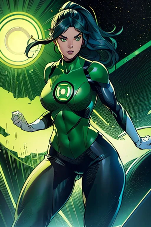 Hailee Steinfeld as green lantern, standing, green lantern costume, big boobs, round boobs, slim waist, wide hips, toned abs, thighs, navel, green lantern outfit,, , ponytail hairstyle, green eyes, long eyelashes, beautiful detailed eyes, beautiful detailed lips, beautiful detailed nose, dark grey background, dramatic lighting, cinematic composition