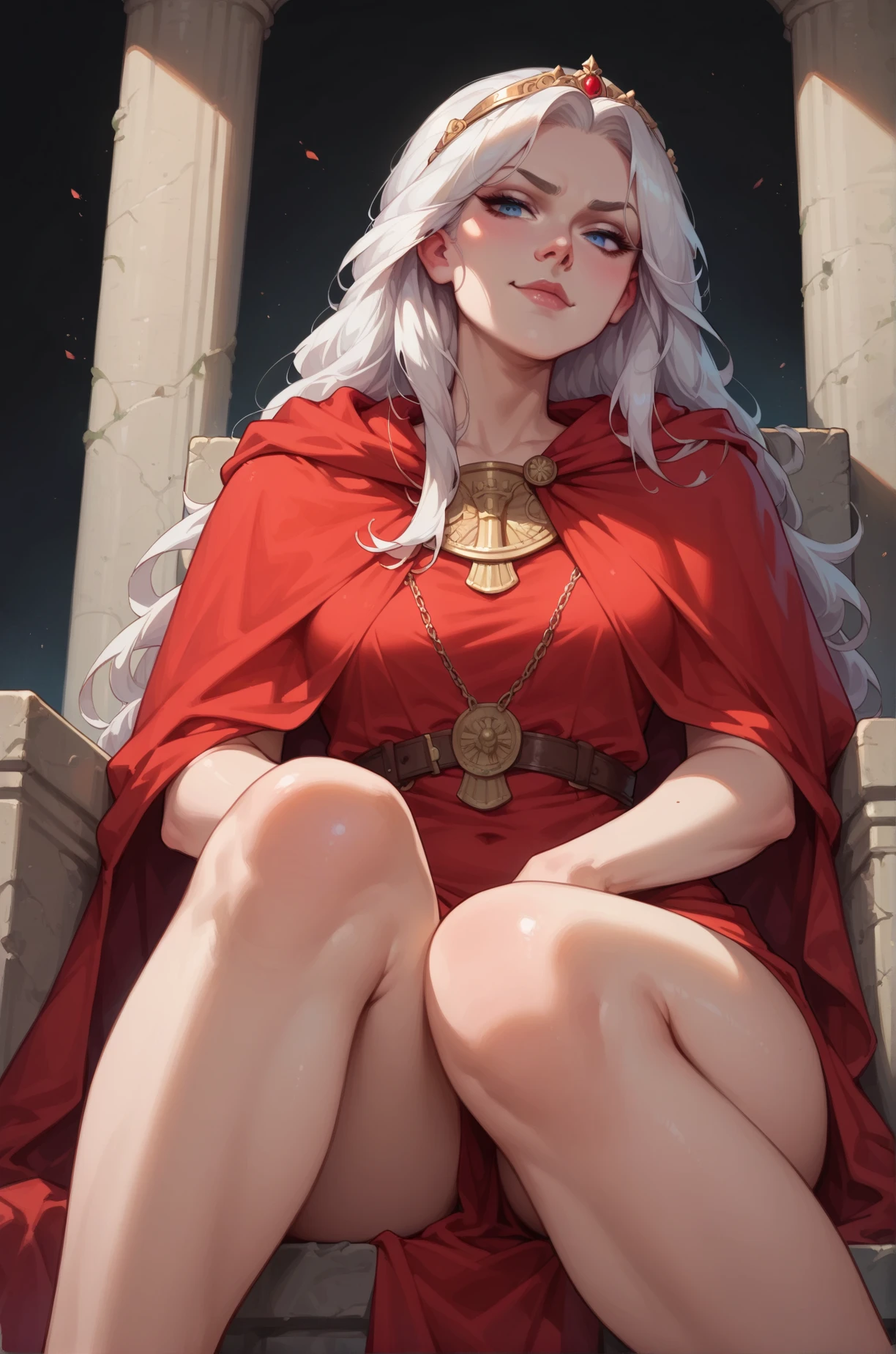 score_9, score_8_up, score_7_up, cartoon of a girl, solo, sexy, slutty, smirk, mouth closed, pale skin, blue eyes, white hair, straight long hair, roman toga, red cloak, small breast, thighs, sitting on a marble throne, front view, low view, dark background