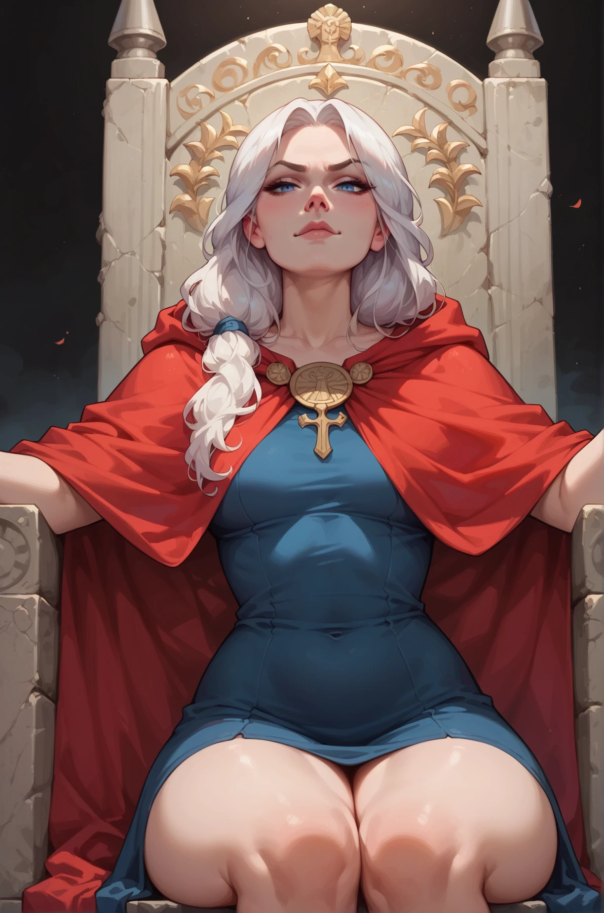 score_9, score_8_up, score_7_up, cartoon of a girl, solo, sexy, slutty, smirk, mouth closed, pale skin, blue eyes, white hair, straight long hair, roman toga, red cloak, small breast, thighs, sitting on a marble throne, front view, low view, dark background