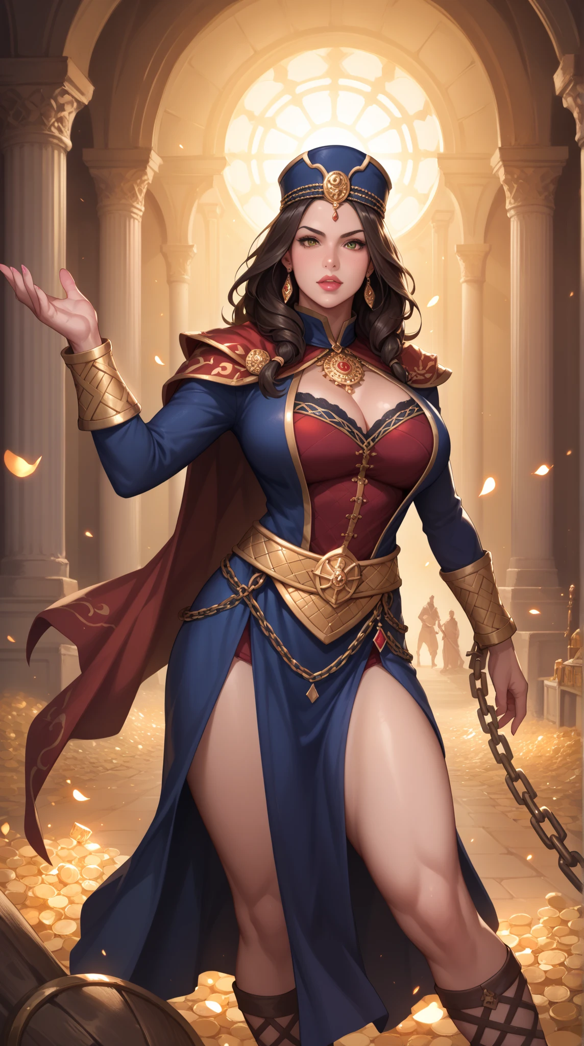 (masterpiece, top quality, best quality, official art, beautiful and aesthetic:1.2), (1girl:1.3), long wavy black hair, tanned skin, extremely detailed, portrait, looking at viewer, solo, (full body:0.6), detailed background, close up, mischievous eyes, (hot summer desert Arabia theme:1.1), Persian duelist woman, dark makeup, charlatan, smirk, mysterious, walking in desert, revealing blue and gold and sapphire Arabian harem girl attire, see through clothes, sheer fabric, poofy blue pants, strapless top, tight tube top, jewelry, armlets, elaborate necklaces, blue fabric, gold jewelry, precious stones, scimitar, curved sword, ((((gigantic breasts, cleavage, skindentation)))), slim waist, slim hips, long legs, ancient (Arabian palace exterior:1.1) background, dark mysterious lighting, shadows, magical atmosphere, dutch angle,