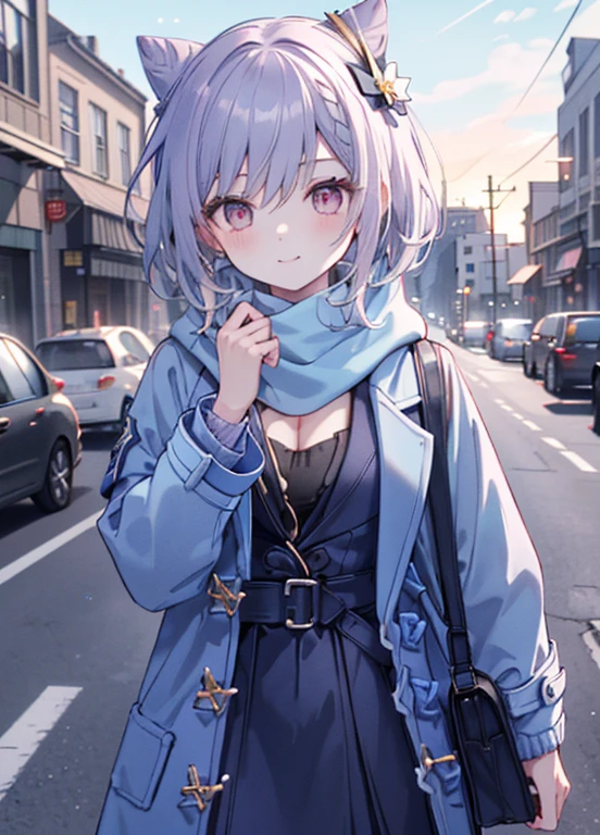 Keqingdef,  upper body, smile, , ((( cute sky blue duffle coat,Wrap the scarf around your neck, sweater , skirt))), cleavage, outdoors on the street at night, day,  simple background, blue null,  short hair, null, Street Corner,  Watch viewers, stage,  moody lighting ,  is facing the front,Holding a smartphone in one hand 
