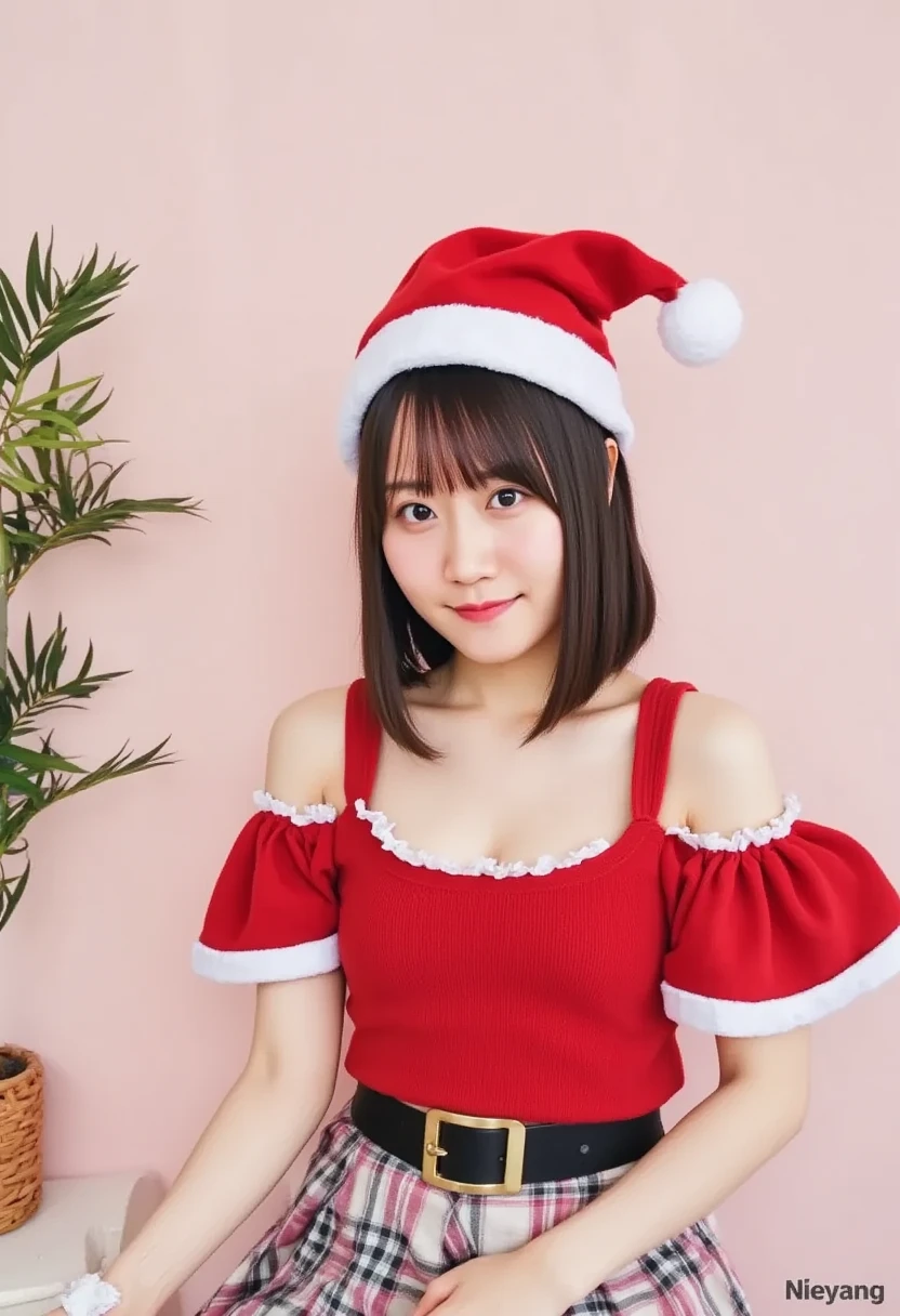 High school girl wearing a Santa hat、Christmas Background