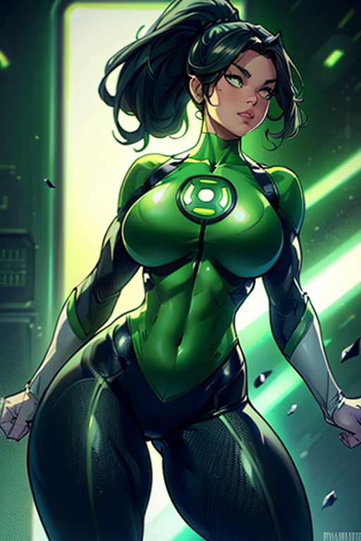 Hailee Steinfeld as green lantern, standing, green lantern costume, big boobs, round boobs, slim waist, wide hips, toned abs, thighs, navel, green lantern outfit,, , ponytail hairstyle, green eyes, long eyelashes, beautiful detailed eyes, beautiful detailed lips, beautiful detailed nose, dark grey background, dramatic lighting, cinematic composition