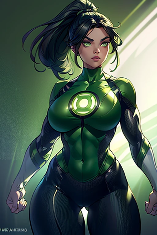 Hailee Steinfeld as green lantern, standing, green lantern costume, big boobs, round boobs, slim waist, wide hips, toned abs, thighs, navel, green lantern outfit,, , ponytail hairstyle, green eyes, long eyelashes, beautiful detailed eyes, beautiful detailed lips, beautiful detailed nose, dark grey background, dramatic lighting, cinematic composition