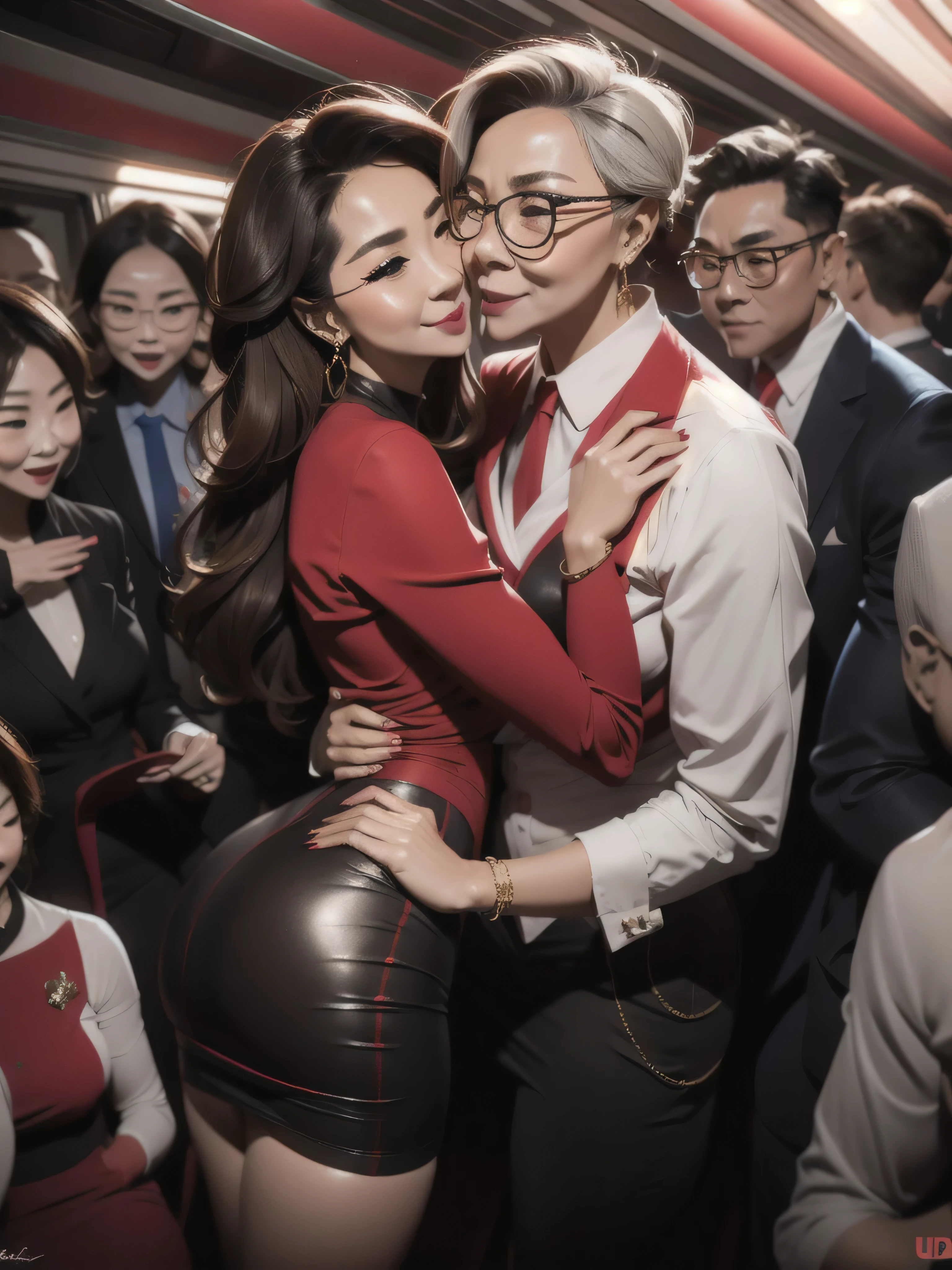 beautiful woman wearing a revealing skirt suit, her elderly husband hugged and kissed her from behind in the crowded crowd, UHD, masterpiece, textured skin, super detail, best quality, 8k.