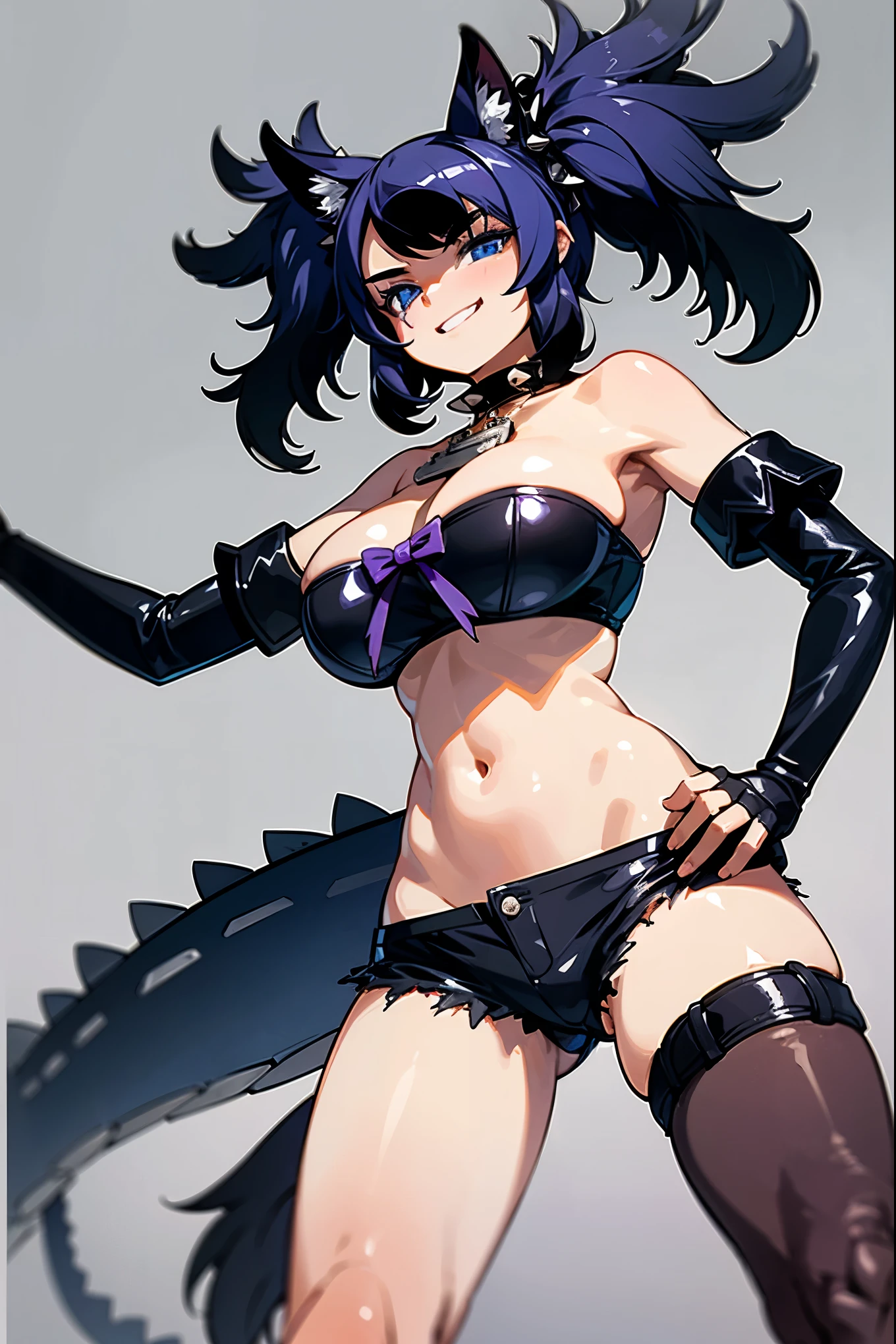 score_9, score_8_up, score_7_up, source_anime, solo, 1girl, kfc3rberus, lizard tail, scar across eye, grin, looking at you, standing, hand on own hip, two-tone hair, black hair, purple hair, glowing hair, big hair, two side up, animal ears, blue eyes, black tube top, bandeau, strapless, black gloves, elbow gloves, fingerless gloves, black shorts, short shorts, cutoffs, black pantyhose, thigh strap, spiked collar, pendant, bare shoulders, stomach, navel, cleavage, large breasts
