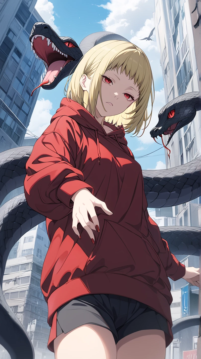  High Quality , 最 High Quality , masterpiece,  High Definition ,accurate,
In the city,Store in the city
1 girl , Blonde,  short hair, anime coloring ,  multi-colored hair ,  Bicolor Hair (Blonde), red eyes,Black hair on top of head only , straight hair, medium hair,side lock,Short bangs,Forehead,A mature atmosphere,medium height , slender ,Blonde is the base , flat chest, cool woman ,A mature atmosphere,Calm woman ,
 Red Hoodie , black shorts 
, look, No Emotion, closeup , No Emotion,Alone,  protrudes from the screen, Vertical pupil, Snake&#39;s eyes,Up to the thighs, very detailed,  High Details,
 Satu Stance, sticking one hand out of the viewer , she follows snake devil behind,Snake Devil (white, her mouth big enough to swallow a building, larger than a building ), Frontal angles,