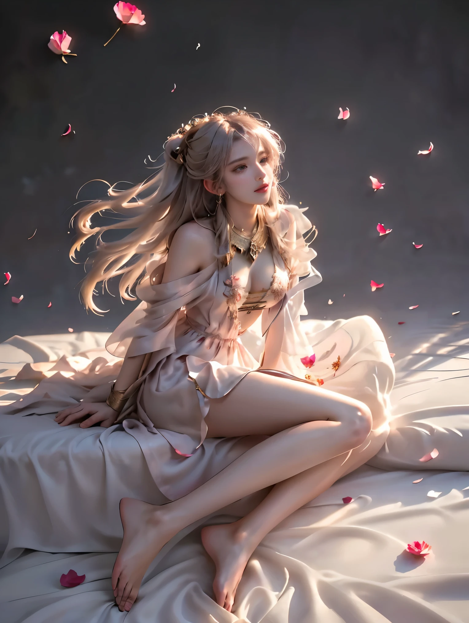 prometheus ,, (full body:1.4),(photorealistic:1.4), beautiful young woman, sitting on edge of bed, (Full bust, visible cleavage, very short hemline), (A lot of scattered rose petals, petals flying in the air), (legs naturally extended:1.2), (knees pointing upward:1.2), relaxed leg pose, feet flat on floor, leaning back, supporting body with elbows, looking up at camera, (top down angle:1.3), romantic classical style, scattered rose petals, soft ambient lighting, (detailed facial features:1.2), smooth skin, delicate expression, (detailed fabric texture:1.2), (intricate shadows and highlights:1.3), detailed leg muscle definition,  natural skin texture, shallow depth of field, professional photography, 8k uhd, masterpiece quality