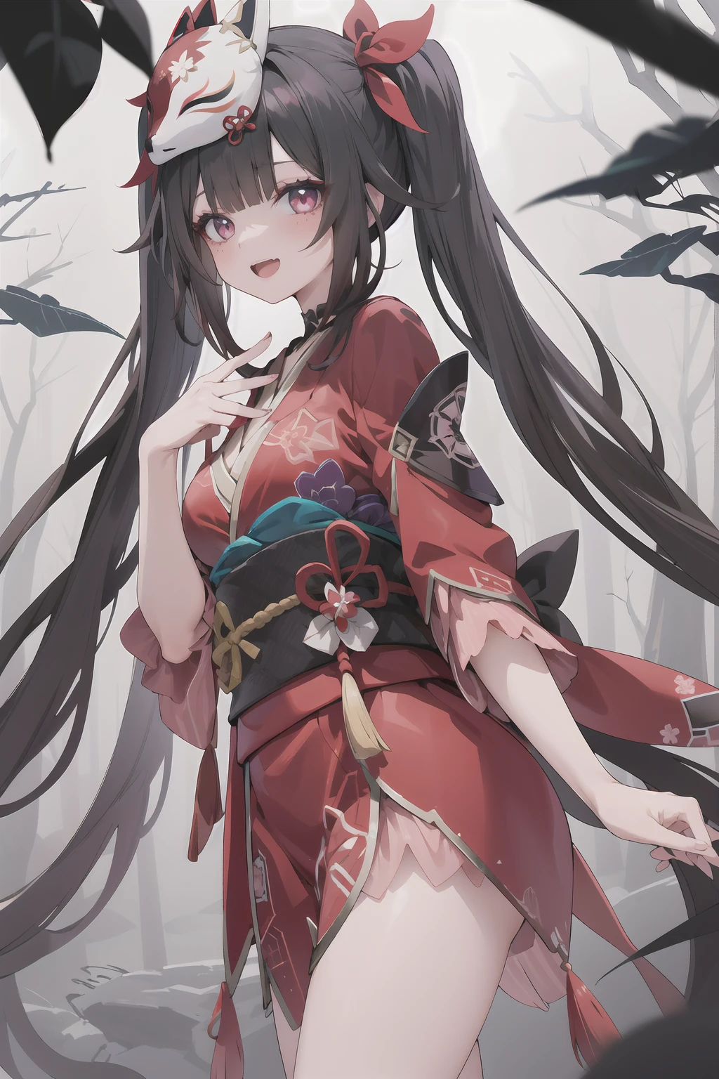 1girl, solo, shsparkle, fox mask, long hair, twintails, kimono, japanese clothes, looking at the viewer, open mouth smiling, in a eerie dark forest with lots of fog,