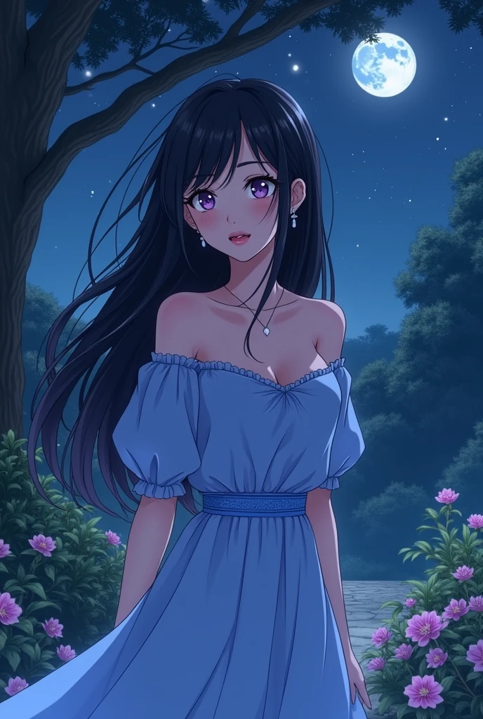   Manwa adult female character's whole body.  long black hair, Draw a slight angle,  lavender eyes.  earrings for women with first name,  necklace,  pink lips. blue color dress, Large tree, garden, lawn, Night Sky,  starry sky , Moonlight, I'm also doing ,  Animation Art , 