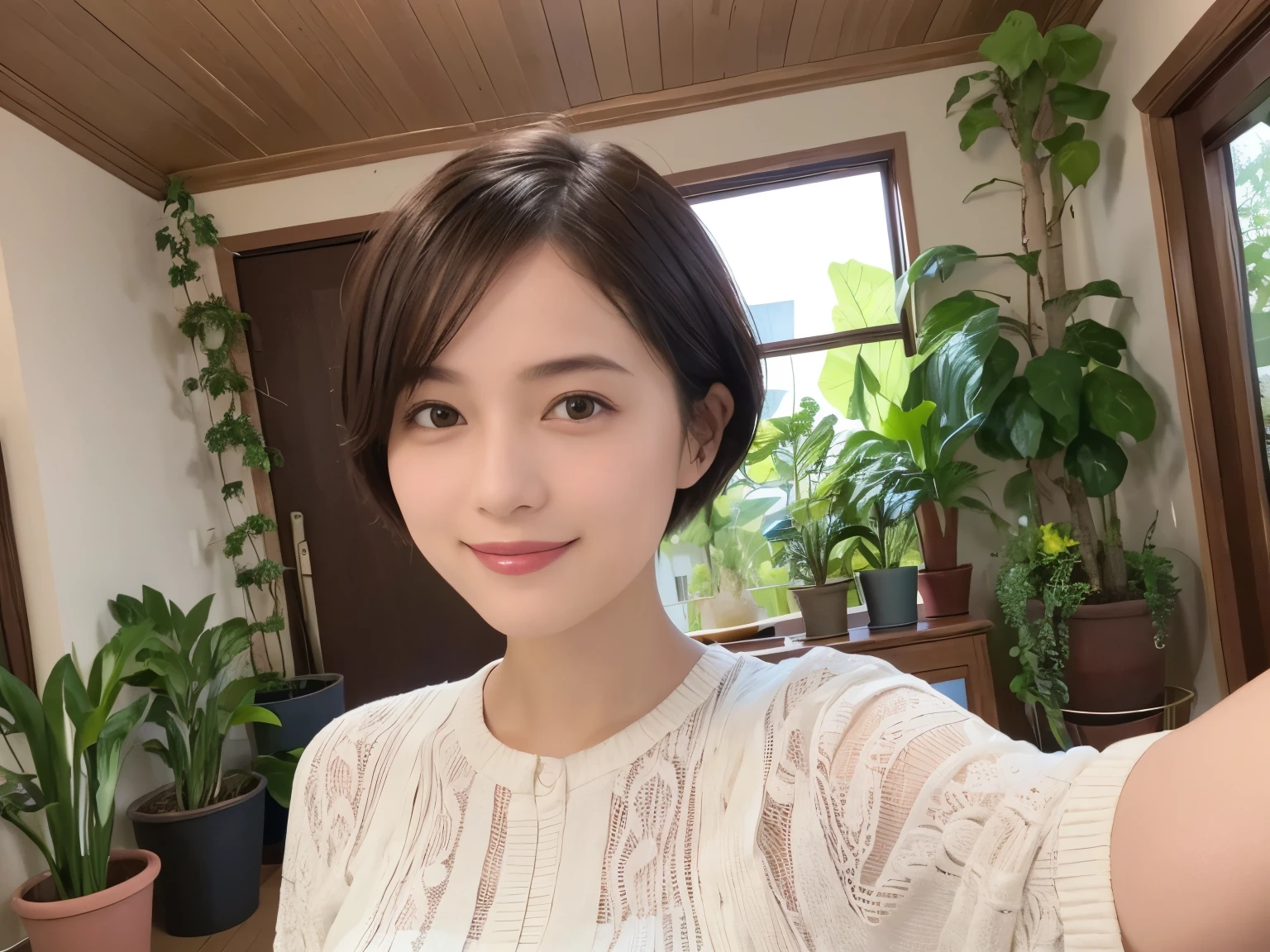 339 (20-year-old female, short hair), ( high image quality), (smile), ( Colorful Dress), ((Arietti's View of the World )), (BIG PLANTS ), (Dollhouse)