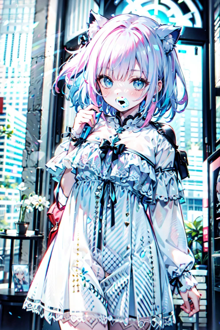  Cat Ear Girl/ hair color is : light pink hair+ Light Blue Hair ； wearing is :WHITE LACE DRESS AND WHITE LACE SKIRT AND PURE BLACK STOCKINGS WITH WHITE PANTIES；movement is :Make the action of flipping up the skirt in bed ；There are no defects in the whole body，The whole body is in the picture 