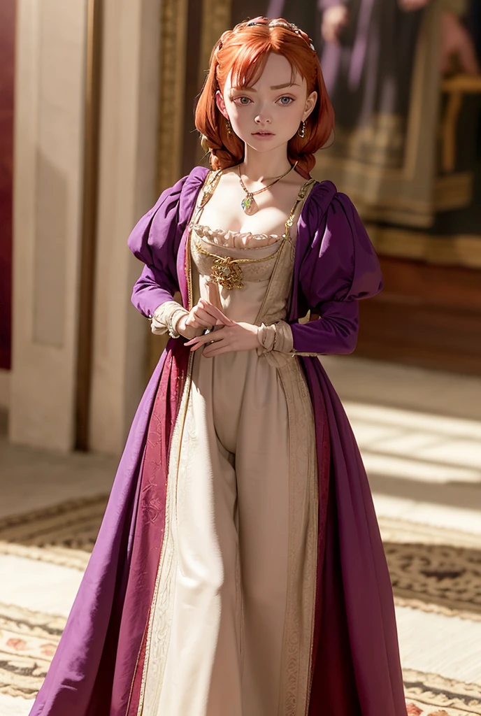 Sadie Sink with red hair in coiled braids threaded with strings of amethysts and wearing a pale purple velvet italian Renaissance dress like the ones on  The Borgias .