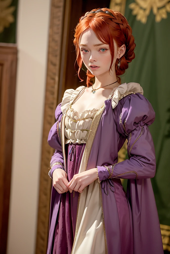 Sadie Sink with red hair in coiled braids threaded with strings of amethysts and wearing a pale purple velvet italian Renaissance dress like the ones on  The Borgias .