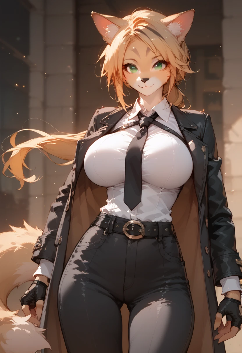 score_9, score_8_up, score_7_up, 1girl, (large breasts:1.4),shiny eye, (smile:0.7), luxury hotel, great, standing, straight on, from the front:1.4), hands out, 
BREAK furry female, animal ears, tail, blonde and black hair, green eyes, long hair, low ponytail,
BREAK ,white jacket, formal, coat, collared shirt, black necktie, black pants