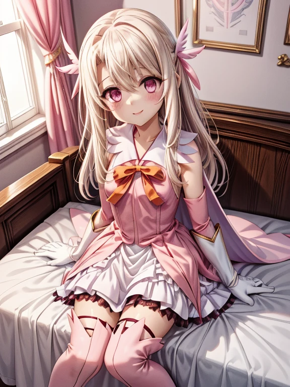 one girl, Illyasviel von Einzbern, Prisma Illya, cute face, thin and tall, smile, long hair, ribbon, magical girl, white and pink sleeveless dress, white and pink gloves, pink thigh boots, white cape, magical stick, full body shot, lie on the bed, indoor view