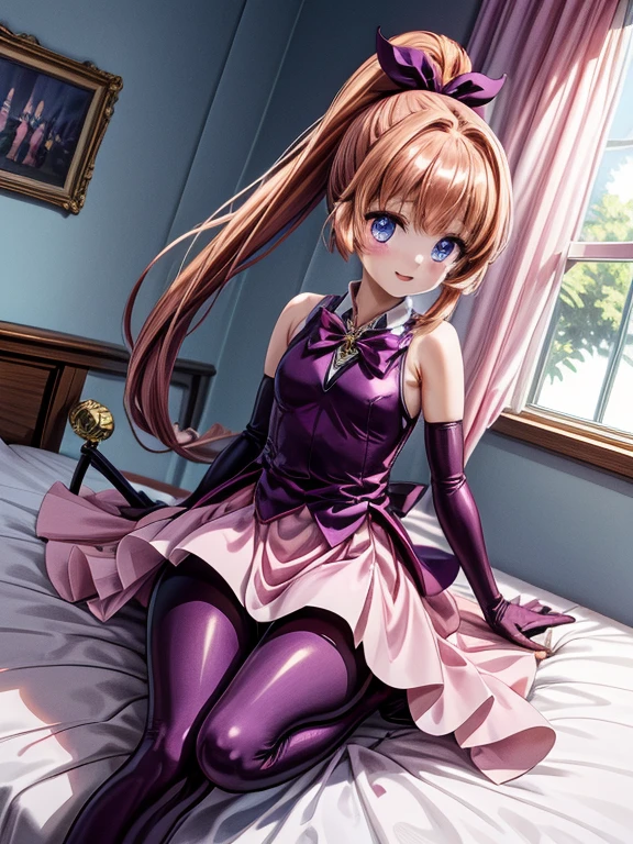 one girl, Meimi Haneoka, Saint tail, cute face, thin and tall, smile, blue eyes, brown long hair, ponytail with ribbon, magical girl, dark purple and pink sleeveless dress, dark purple elbow gloves, dark purple pantyhose, dark purple thigh boots, magical stick, full body shot, lie on the bed, indoor view