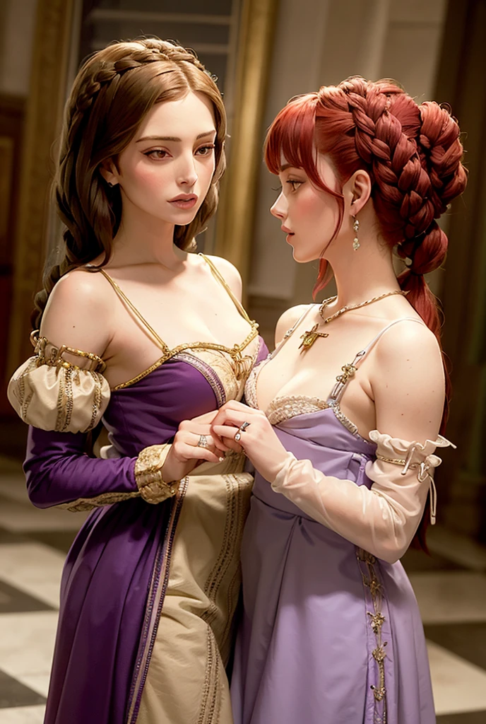 Lana del Rey with red hair in coiled braids threaded with strings of amethysts and wearing a pale purple velvet italian Renaissance dress like the ones on  The Borgias .