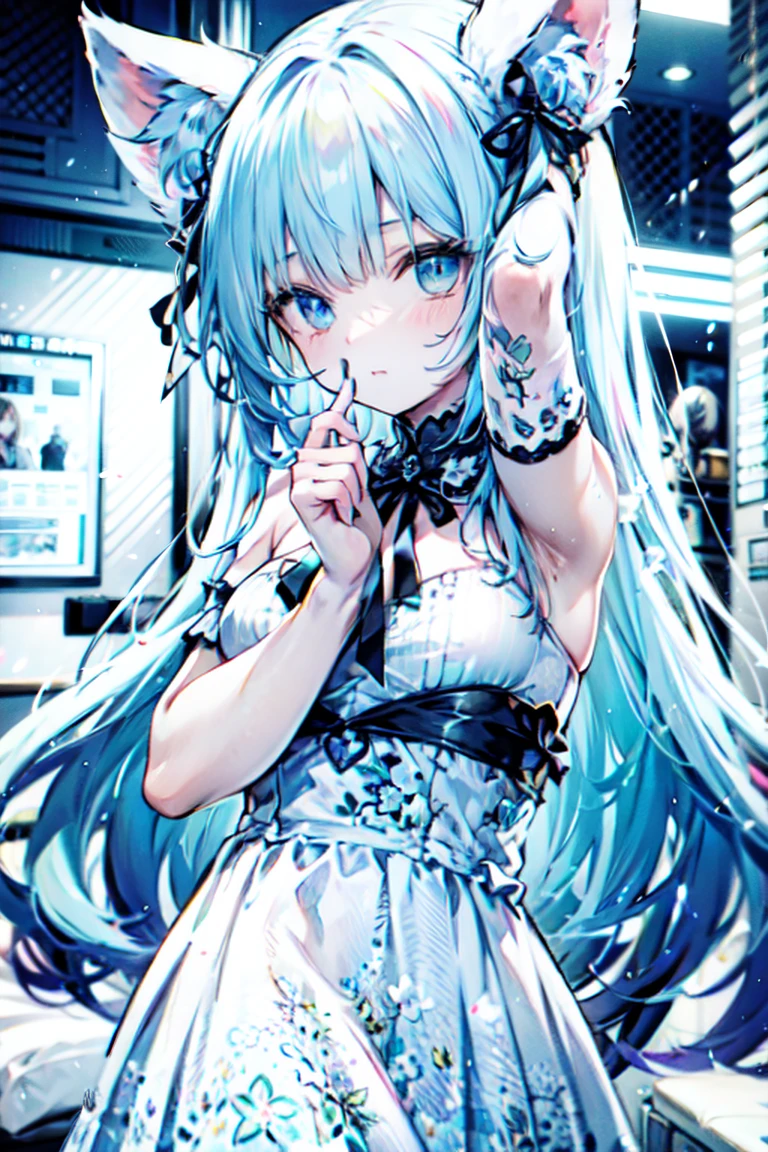  Cat Ear Girl/ hair color is : light pink hair+ Light Blue Hair ； wearing is :WHITE LACE DRESS AND WHITE LACE SKIRT AND PURE BLACK STOCKINGS WITH WHITE PANTIES；movement is :Make the action of flipping up the skirt in bed ；There are no defects in the whole body，The whole body is in the picture 