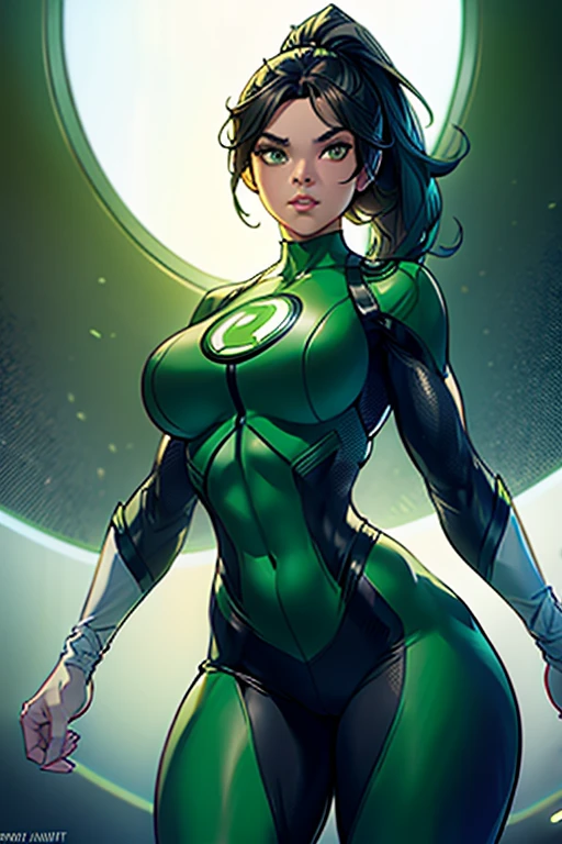 Hailee Steinfeld as green lantern, standing, green lantern costume, big boobs, round boobs, slim waist, wide hips, toned abs, thighs, navel, green lantern outfit,, , ponytail hairstyle, green eyes, long eyelashes, beautiful detailed eyes, beautiful detailed lips, fat lower lip, beautiful detailed nose, dark grey background, dramatic lighting, cinematic composition