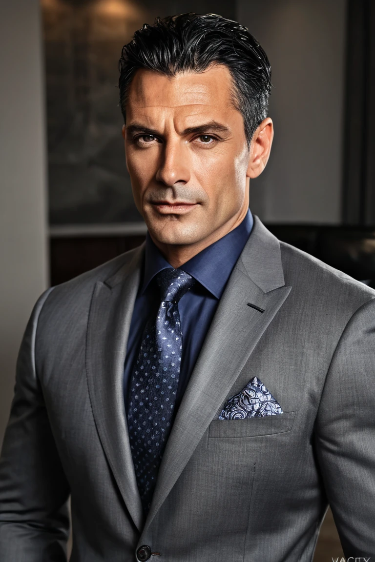 A hyper-realistic portrait of a very attractive 40-year-old man, exuding masculinity and power. He has a sharp, chiseled face with piercing eyes and a confident expression. His dark hair, touched with a hint of gray, adds an air of sophistication and maturity. He is impeccably dressed in a tailored suit that enhances his strong, broad shoulders and fit physique. The crisp lines of his attire and the subtle shine of his polished shoes reflect elegance and success. 