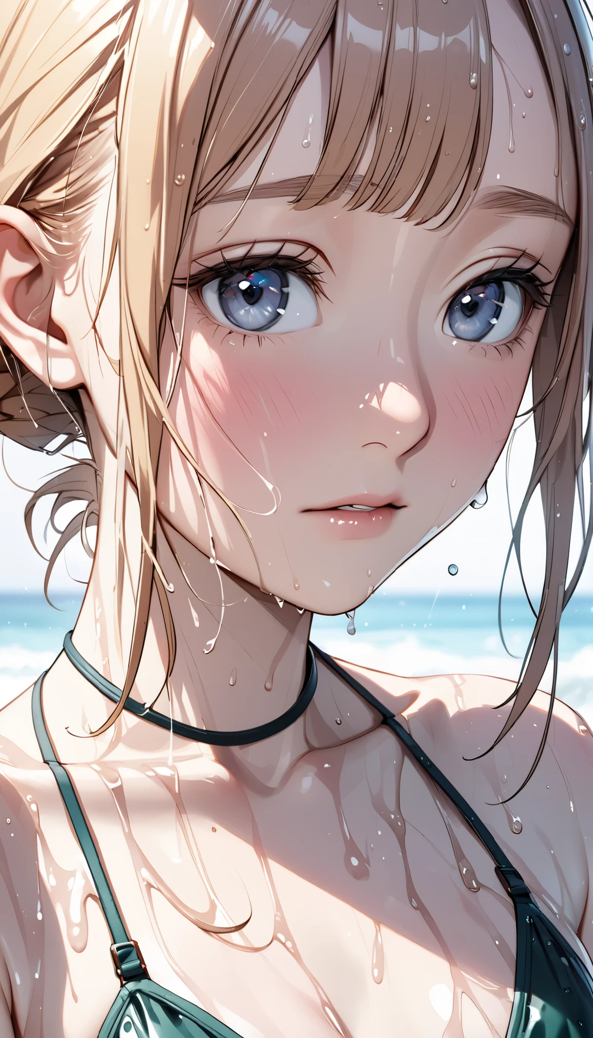 masterpiece, 4k, 8k, small breast, kawaii, Embarrassed face, 10yo,tits, Emphasize the chest、Nipple Contour, Cleavage, Beach