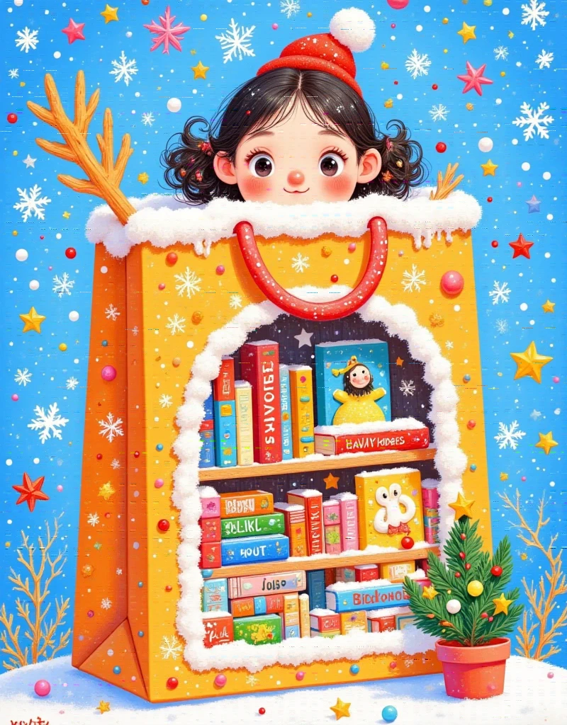 Imagine this digital illustration depicting a warm and charming scene, cleverly integrating a comfortable bookstore into a huge shopping bag. This shopping bag is covered with snowflakes. The interior of the shopping bag is a shopping space displaying various books, from children's picture books to novels and magazines.