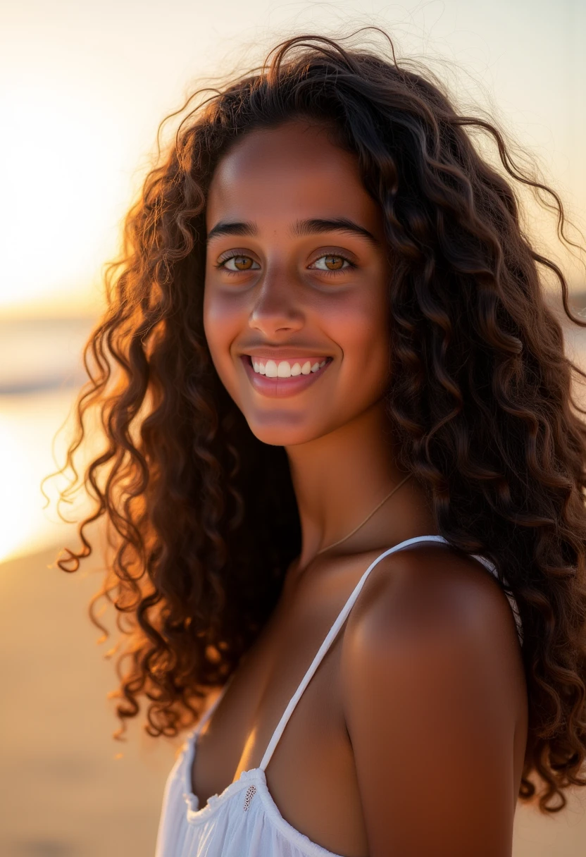 Close up woman with long curly hair  walking on the beach 