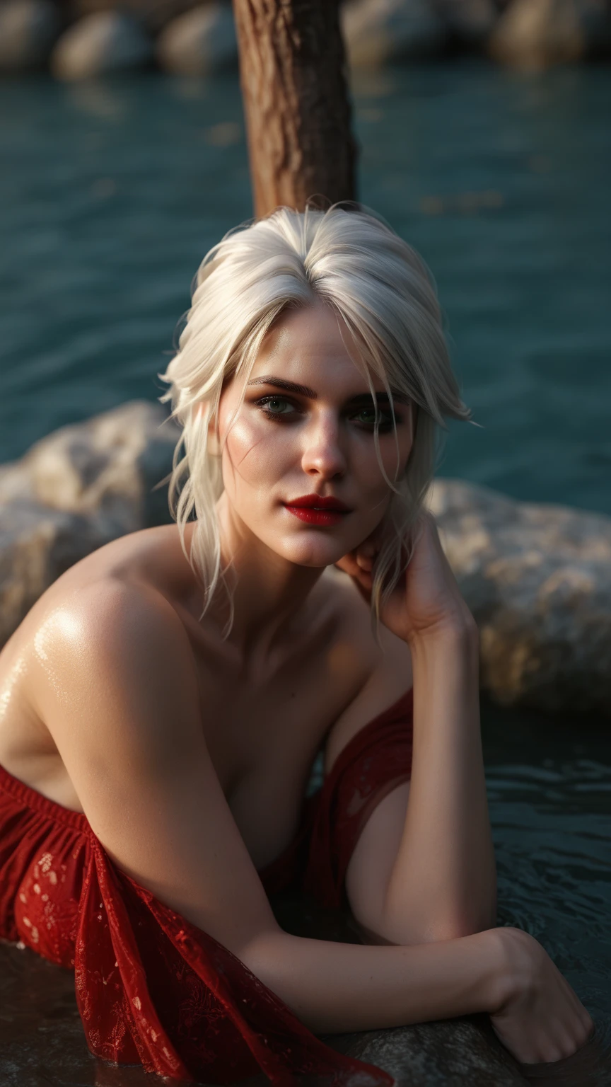 Ciri, white hair, (best quality, Ultra-detailed), (realistic:1.37), beautiful and detailed face, Ultra-realistic texture, Delicate face, Red lipstick, long-lasting colors. high definition, 8k.