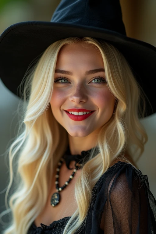 half body shot, close up, ivnktrmp woman in a black laced witch costume wearing a pointy hat, shallow depth of field, cinematic lighting, photographed on a Sony a9 II Mirrorless Camera, (highly detailed:1.2), (soft focus), film still,HDR, 8k resolution