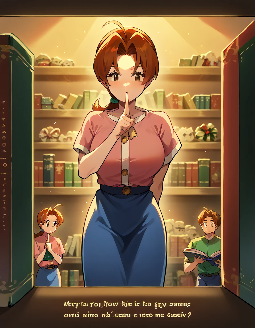 score_9, score_8_ up, score_7_ up,  source_Anime,  Delia Ketchum, Delia Ketchum, Brown Hair,  brown eyes,  split bang ,  ,  ponytail, low  ponytail, up,  bob cut,  Big Breasts ,,  Santa Claus costume, Giveawayshelf pov, Book shelf,  Giveaway, too many  Giveaways,,   shirt, pink  shirt, Short sleeve,  skirt, blue  skirt, long  skirt,Keep quiet,  fingers in the mouth,  raise your index finger,,