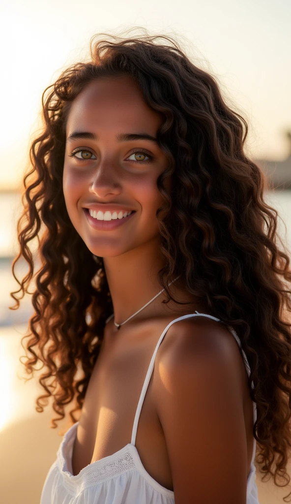 Close up woman with long curly hair  walking on the beach 