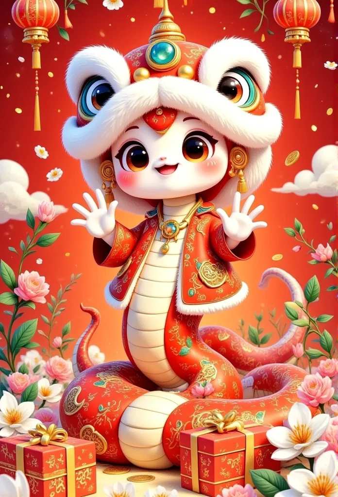 Cute Chinese snake with red gift boxes and calendar, golden text "Happy New Year 2025", light yellow plum blossoms, cartoon style, red background, New Year's atmosphere, graphic design poster art, bold lines, high-contrast shadows, 3D rendering, high resolution, super details, 8K