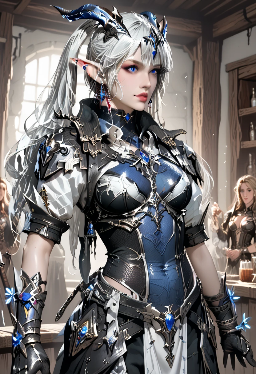 a close up of a woman in a costume with horns and a sword, armor girl, dark elf princess, pale black armor, stunning armor, 2. 5 d cgi anime fantasy artwork, detailed fantasy art, epic fantasy art style hd, epic fantasy art style, wlop rossdraws, fantasy woman, beautiful armor, hyperdetailed fantasy character, rossdraws 1. 0