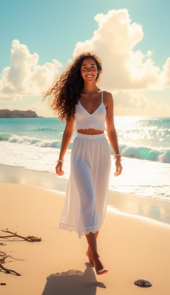 woman with long curly hair walking on the beach