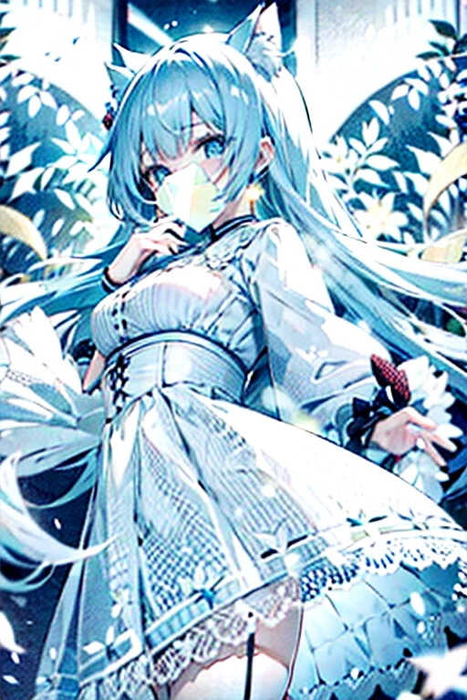  Cat Ear Girl/ hair color is : Light Blue Hair ； wearing is :WHITE LACE DRESS AND WHITE LACE SKIRT AND PURE BLACK STOCKINGS WITH WHITE PANTIES；movement is :Make the action of flipping up the skirt in bed ；There are no defects in the whole body，The whole body is in the picture 