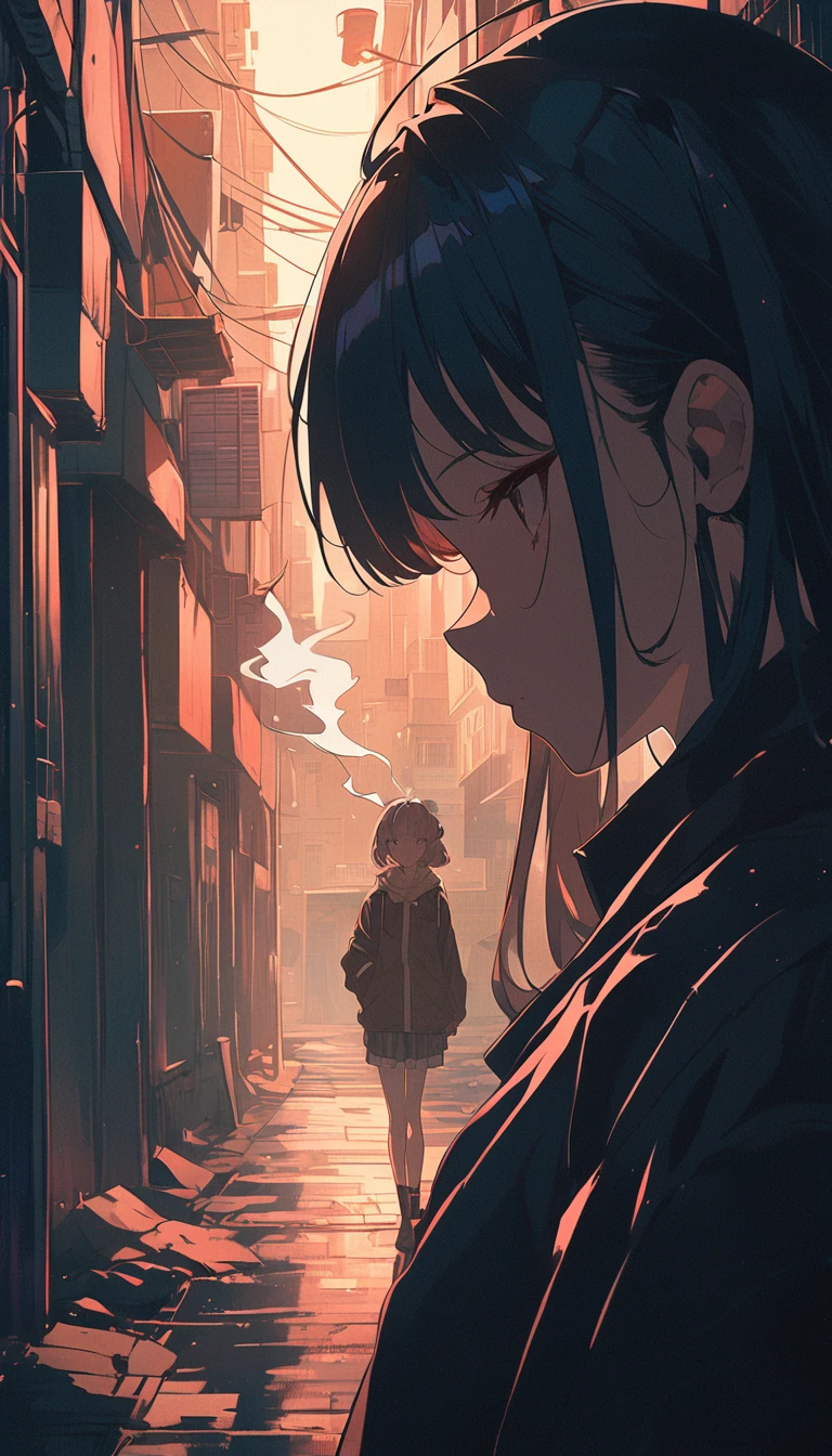 1girl,( side view , Characters are located in the distance:1.5),(Sitting at an angle on the stairs at the bottom left of the screen:1.5),(urban lonely street background, Streetlight,  dark night , moonshine:1.5),(City background,  Sports Jacket , Crop Tee, Black leather jacket , Crop Tee,  bulging stockings , Cyberpunk,  Dark Sky , Neon Light ,  Beautiful Night , Building Forest, road name, automobile,  Numerous Windows1.5), ,(A well-made chest:1.5), (Dark red eyes :1.5), (hair over one eye, rustling and messy hair, A full ponytail, Dark red hair, Long hair with strong curls,  sitting on a white background, left eye covered by hair, Ponytail that falls below the waist:1.5), (sneakers, flushing:1.5), ( shy expression , flushing:1.5), (Aegyo belly fat, dry thighs and buttocks, Slender waist :1.3)